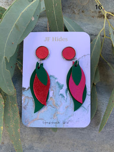 Leather Leaf Earring #16 - Forest Green and Metallic Pink