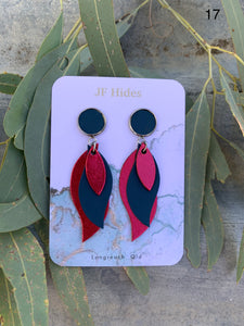 Leather Leaf Earring #17 - Metallic Red and Navy
