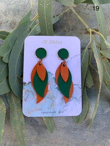 Leather Leaf Earring #19 - Metallic Orange and Forest Green