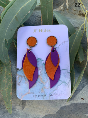 Leather Leaf Earring #22 - Purple and Metallic Orange