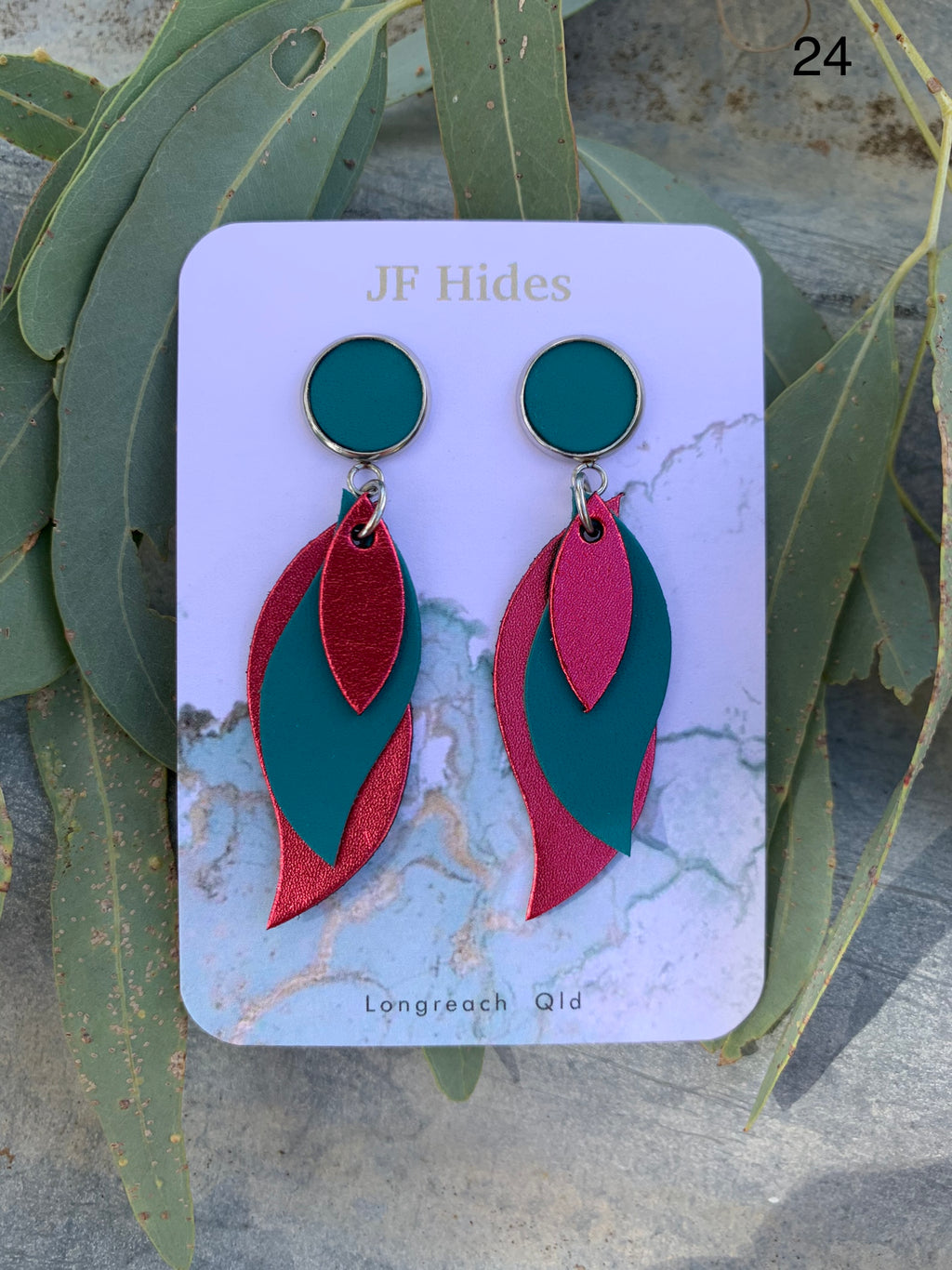 Leather Leaf Earring #24- Metallic Pink and Green