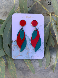 Leather Leaf Earring #26 - Green and Metallic Red