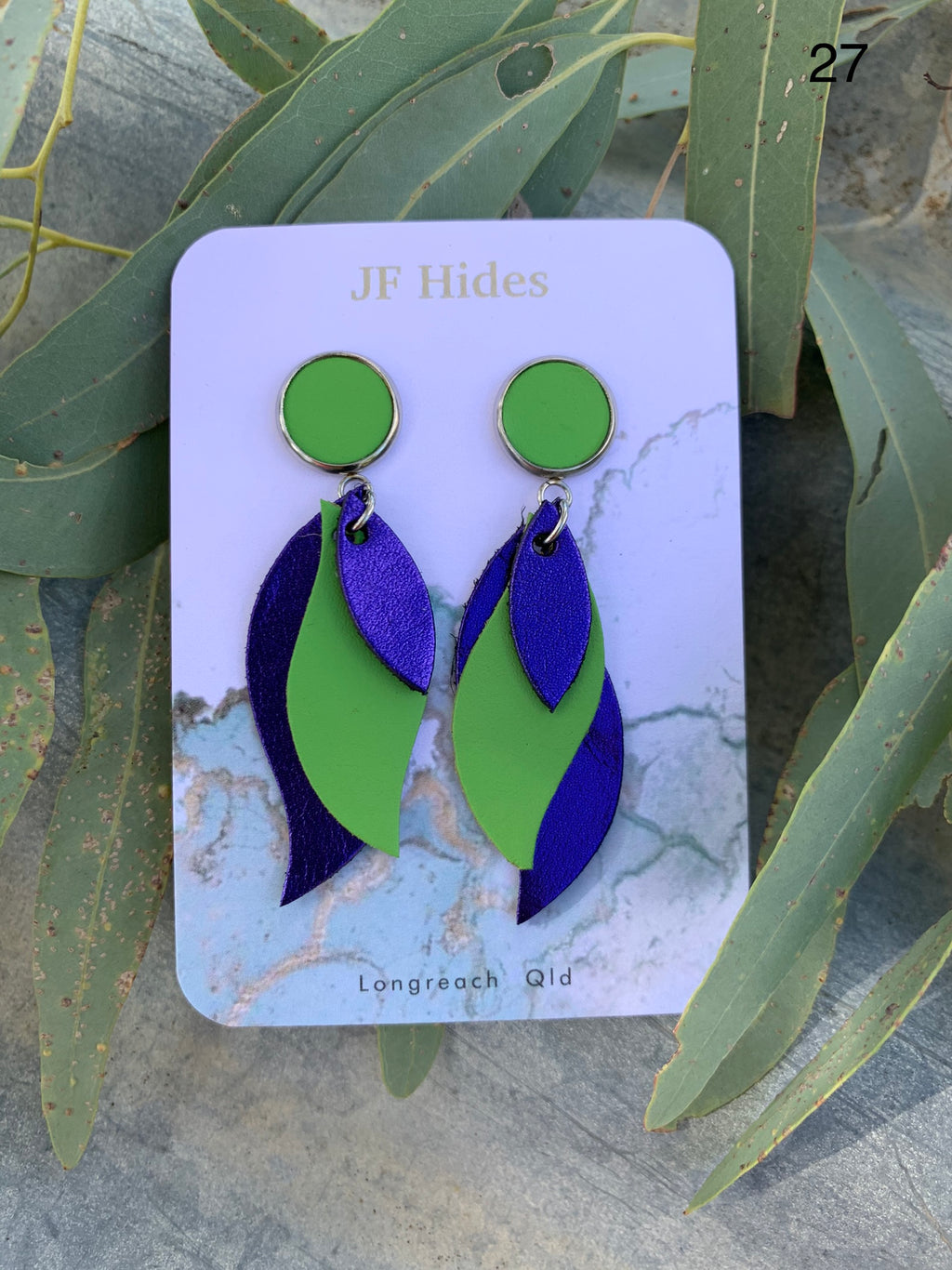 Leather Leaf Earring #27 - Metallic Purple and Lime Green