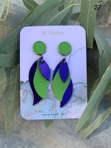Leather Leaf Earring #27 - Metallic Purple and Lime Green