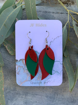 Leather Leaf Earring #31 - Metallic Red and Forest Green