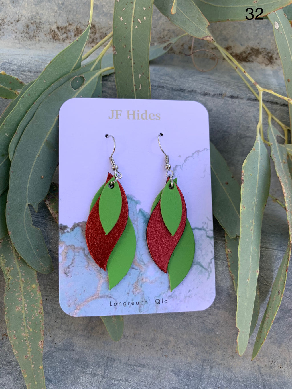 Leather Leaf Earring #32 - Lime Green and Metallic Red