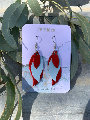 Leather Leaf Earring #35 - Metallic Red and Light Blue