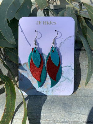 Leather Leaf Earring #36 - Metallic Aqua and Metallic Red