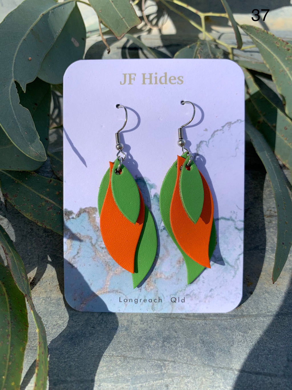 Leather Leaf Earring #37 - Lime Green and Orange