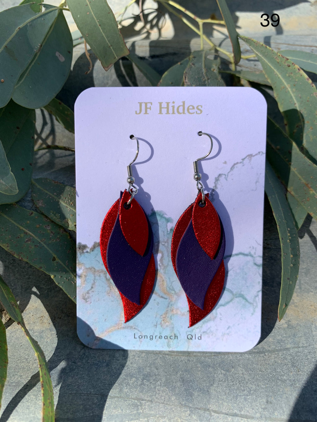Leather Leaf Earring #39 - Metallic Red and Purple