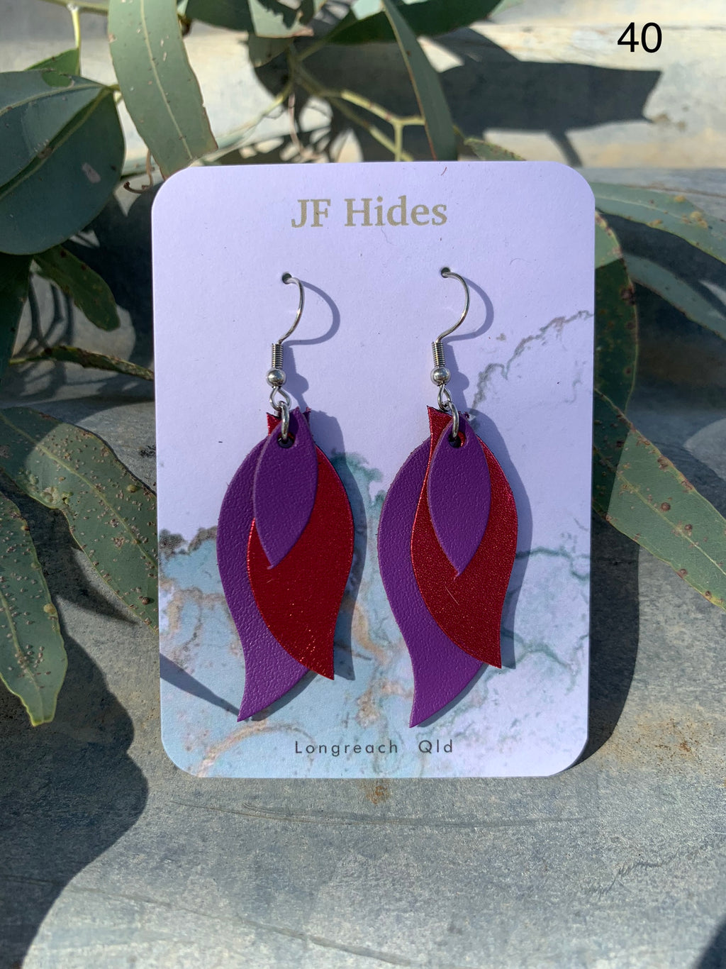 Leather Leaf Earring #40 - Purple and Metallic Pink