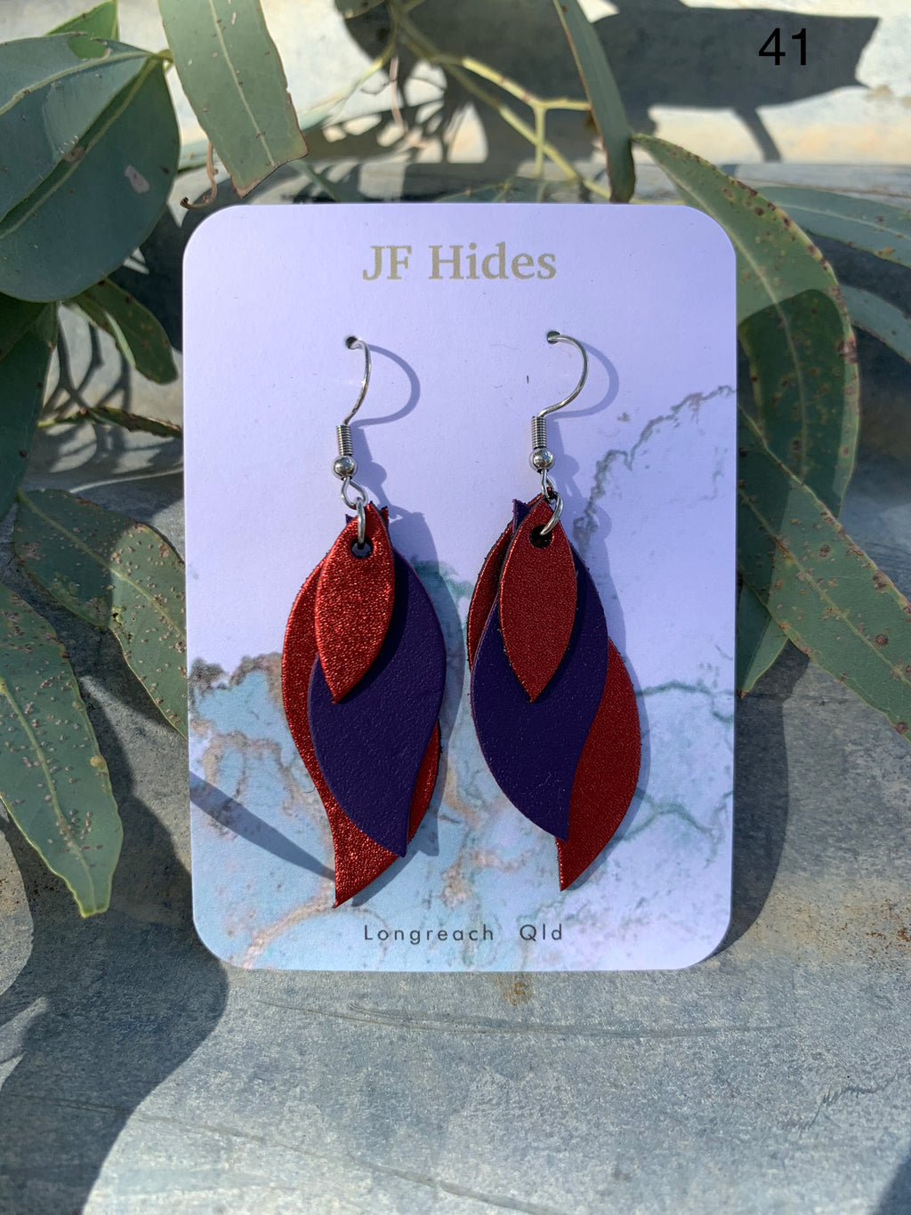Leather Leaf Earring #41 - Metallic Red and Purple