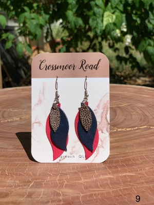 Leather Leaf Earring #9 Pink, Navy & Speckled Brown Leather